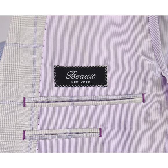 Beaux New York Bespoke Custom Gray Purple Windowpane Wool Linen Silk Blazer 42S - Picture 9 of 11